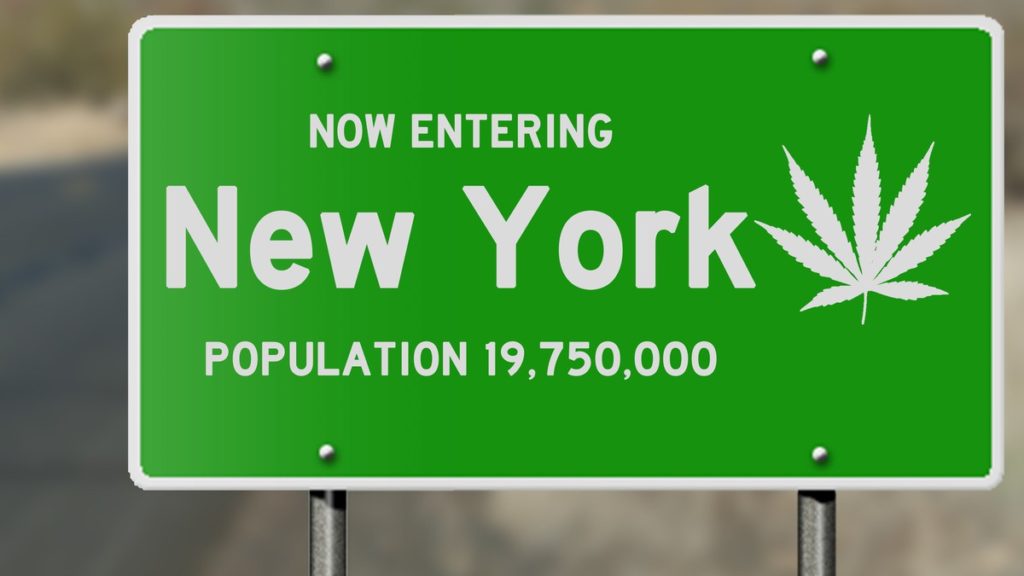 New York road sign featuring a marijuana leaf