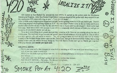 History of 420 with a flyer of the first gathering of "420"